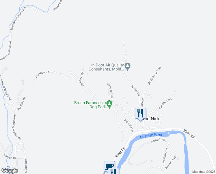 map of restaurants, bars, coffee shops, grocery stores, and more near 15150 Sequoia Road in Guerneville