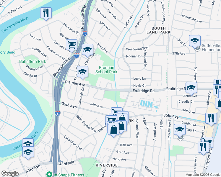 map of restaurants, bars, coffee shops, grocery stores, and more near 1179 Seamas Avenue in Sacramento