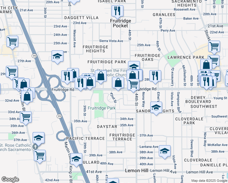 map of restaurants, bars, coffee shops, grocery stores, and more near 4228 Fruitridge Road in Sacramento