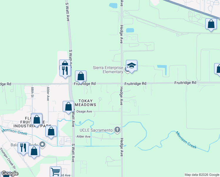 map of restaurants, bars, coffee shops, grocery stores, and more near 9040 Fruitridge Road in Sacramento