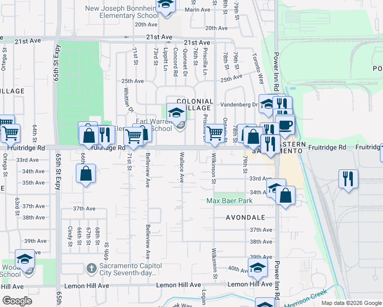 map of restaurants, bars, coffee shops, grocery stores, and more near 7540 Fruitridge Road in Sacramento