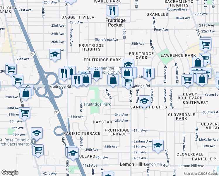 map of restaurants, bars, coffee shops, grocery stores, and more near 4228 Fruitridge Road in Sacramento