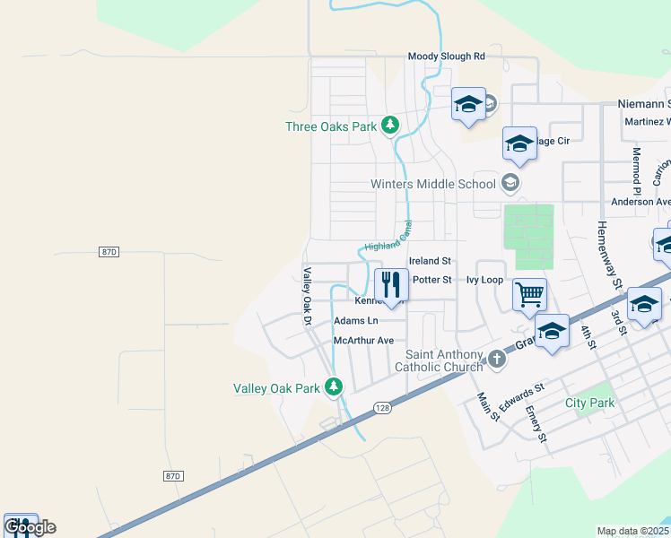 map of restaurants, bars, coffee shops, grocery stores, and more near 1037 Eisenhower Way in Winters