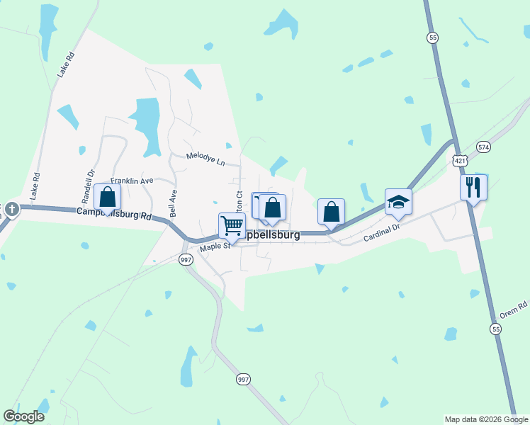 map of restaurants, bars, coffee shops, grocery stores, and more near 330 North 1st Street in Campbellsburg
