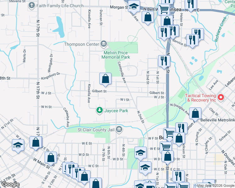 map of restaurants, bars, coffee shops, grocery stores, and more near 325 West I Street in Belleville