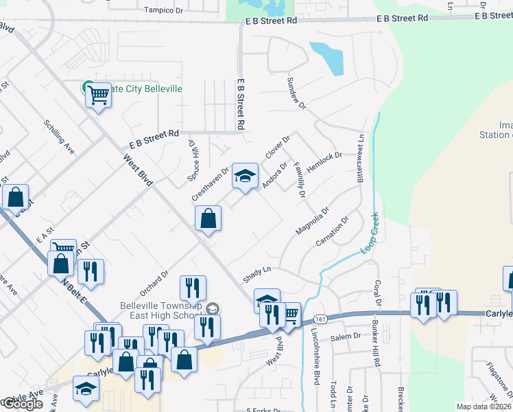 map of restaurants, bars, coffee shops, grocery stores, and more near 100 Andora Drive in Belleville