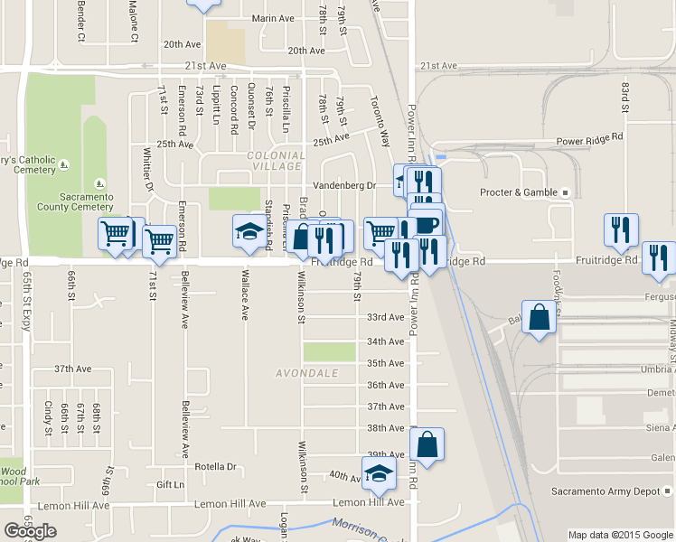 map of restaurants, bars, coffee shops, grocery stores, and more near 7808 Fruitridge Rd in Sacramento
