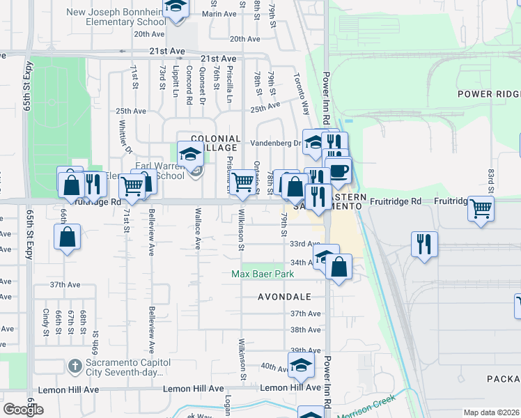 map of restaurants, bars, coffee shops, grocery stores, and more near 7724 Fruitridge Road in Sacramento