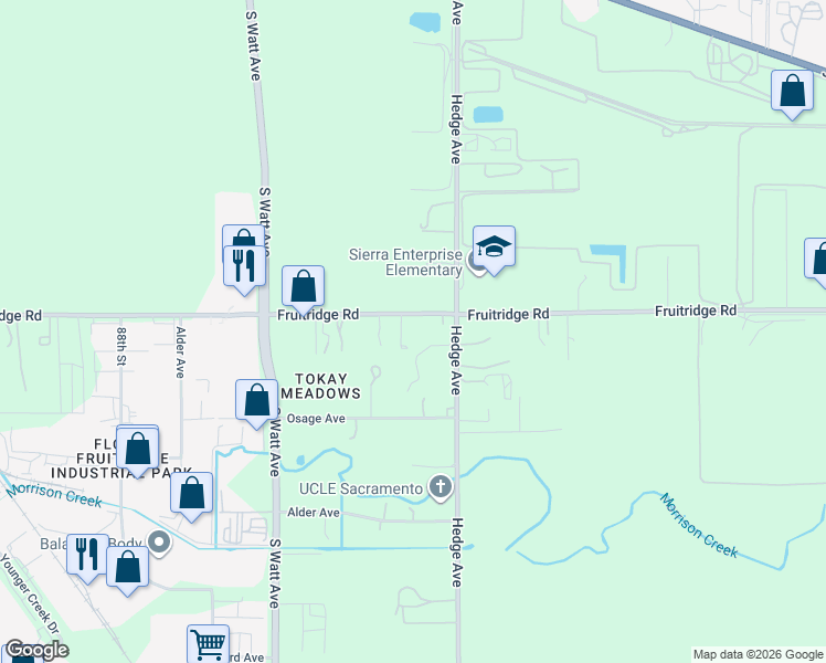 map of restaurants, bars, coffee shops, grocery stores, and more near 9040 Fruitridge Road in Sacramento