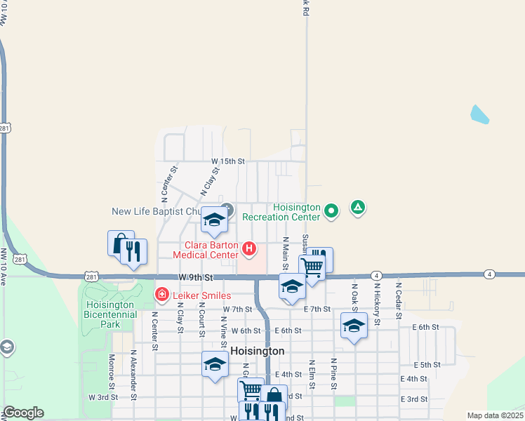 map of restaurants, bars, coffee shops, grocery stores, and more near 1211 North Green Street in Hoisington