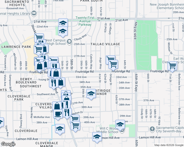 map of restaurants, bars, coffee shops, grocery stores, and more near 6025 33rd Avenue in Sacramento