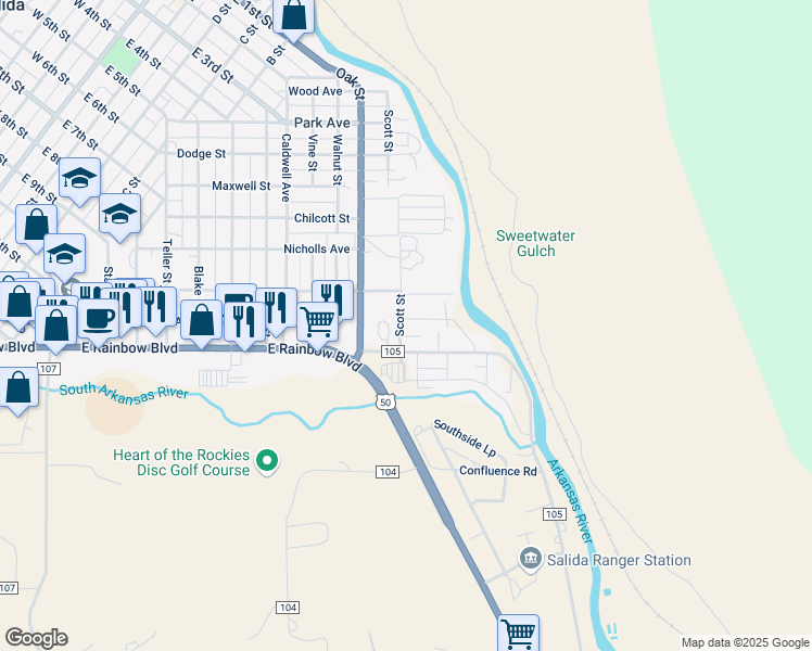 map of restaurants, bars, coffee shops, grocery stores, and more near 7253 County Road 105 in Salida
