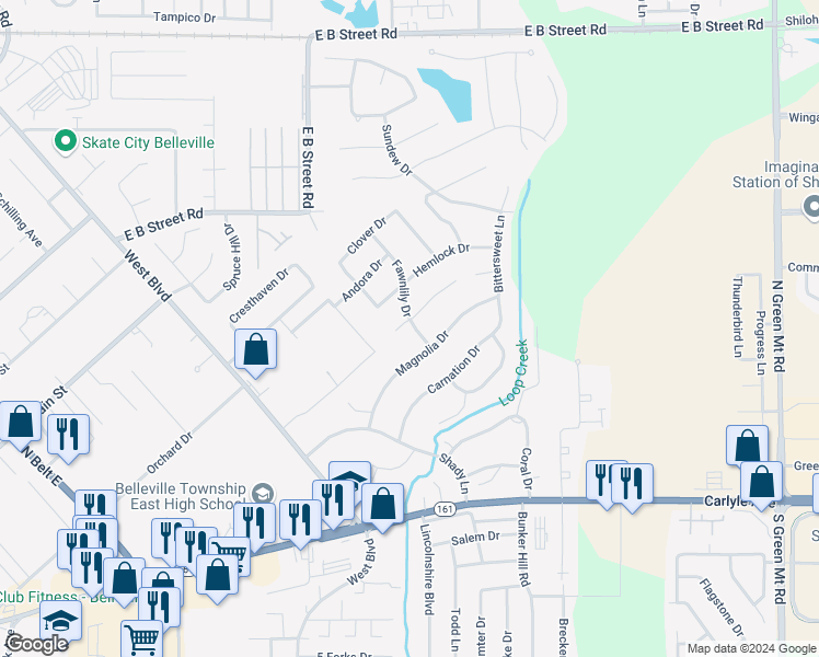map of restaurants, bars, coffee shops, grocery stores, and more near 5 Fawnlily Drive in Belleville