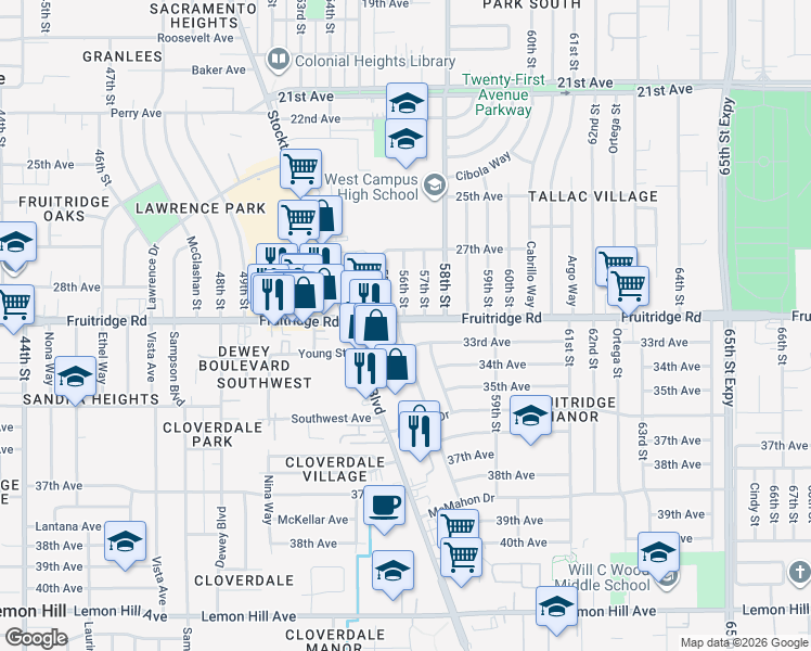 map of restaurants, bars, coffee shops, grocery stores, and more near 5511 33rd Avenue in Sacramento