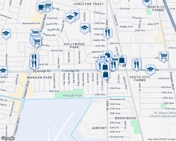 map of restaurants, bars, coffee shops, grocery stores, and more near Fruitridge Road & Johns Drive in Sacramento