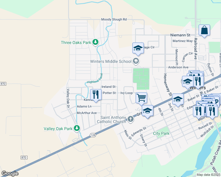 map of restaurants, bars, coffee shops, grocery stores, and more near 943 Potter Street in Winters