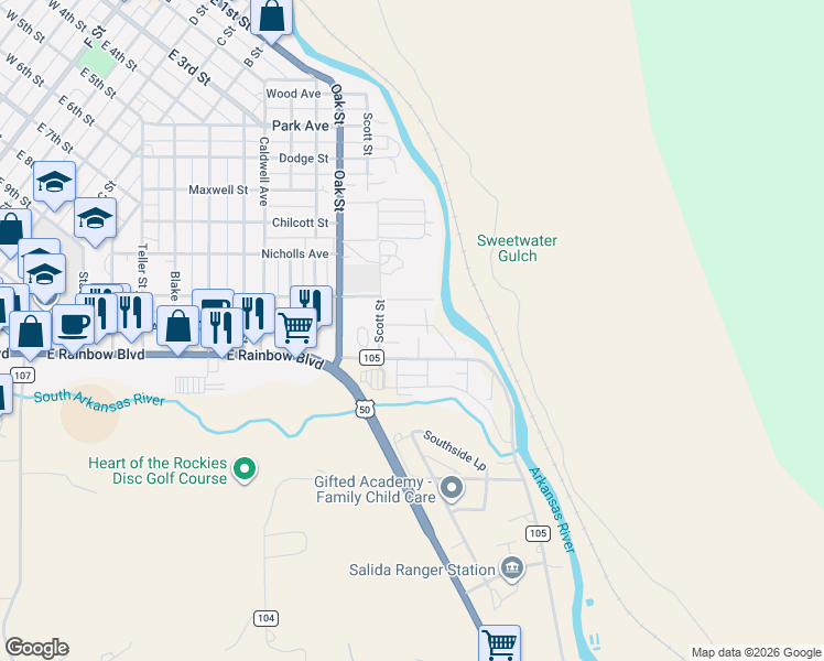 map of restaurants, bars, coffee shops, grocery stores, and more near 7253 County Road 105 in Salida