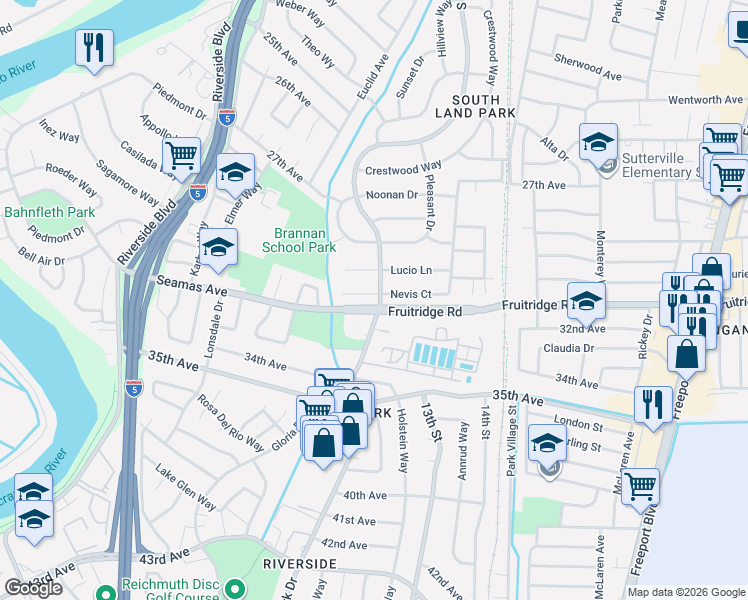map of restaurants, bars, coffee shops, grocery stores, and more near 1216 Nevis Court in Sacramento