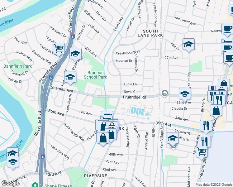 map of restaurants, bars, coffee shops, grocery stores, and more near 1216 Nevis Court in Sacramento