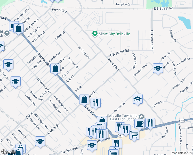map of restaurants, bars, coffee shops, grocery stores, and more near 2106 East A Street in Belleville