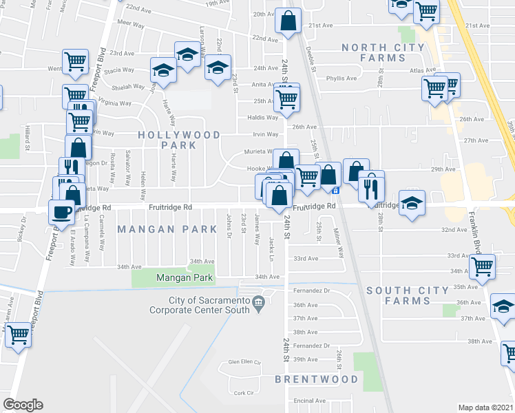 map of restaurants, bars, coffee shops, grocery stores, and more near Fruitridge Rd & James Way in Sacramento