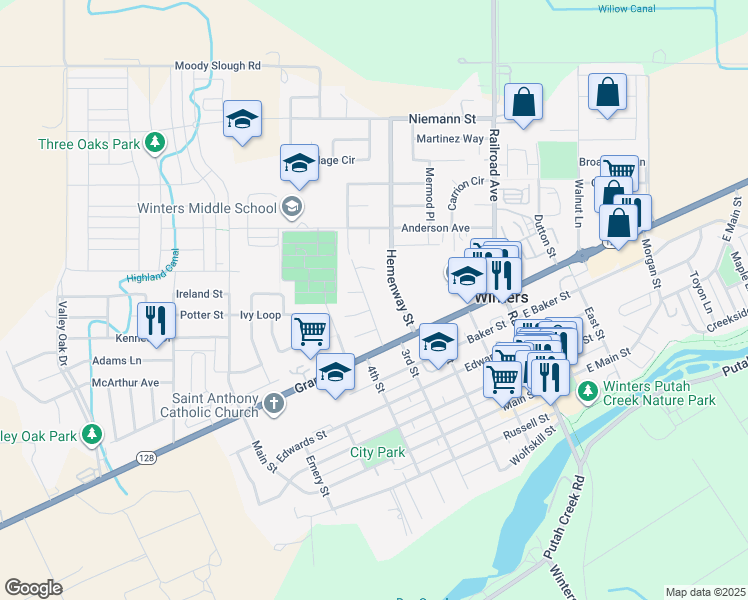 map of restaurants, bars, coffee shops, grocery stores, and more near 403 Plum Place in Winters
