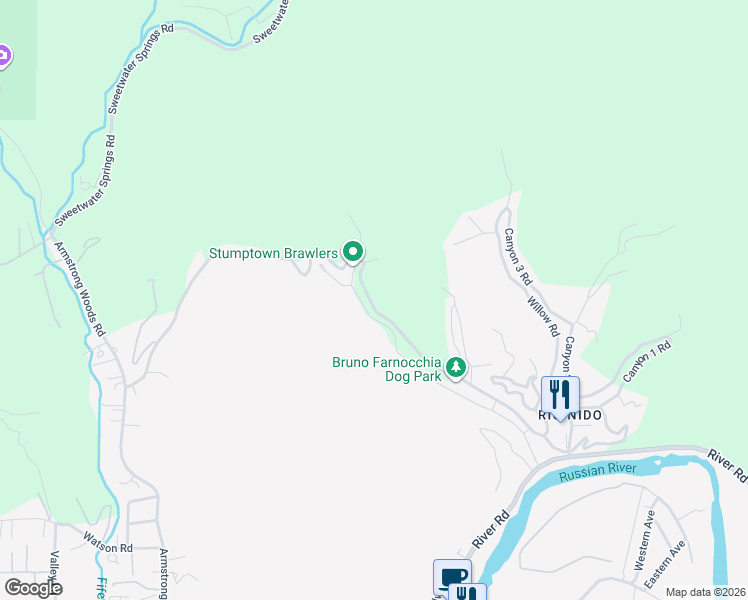 map of restaurants, bars, coffee shops, grocery stores, and more near 15173 Canyon 7 Road in Guerneville