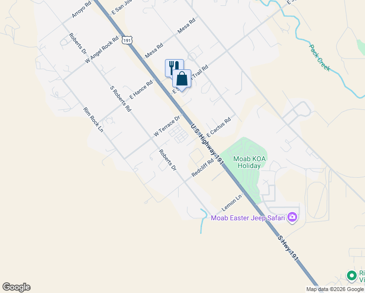 map of restaurants, bars, coffee shops, grocery stores, and more near 10 Desert Winds Drive in Moab