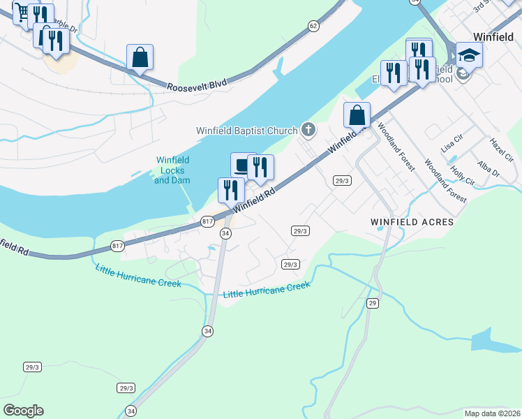 map of restaurants, bars, coffee shops, grocery stores, and more near 130 Long Street in Winfield