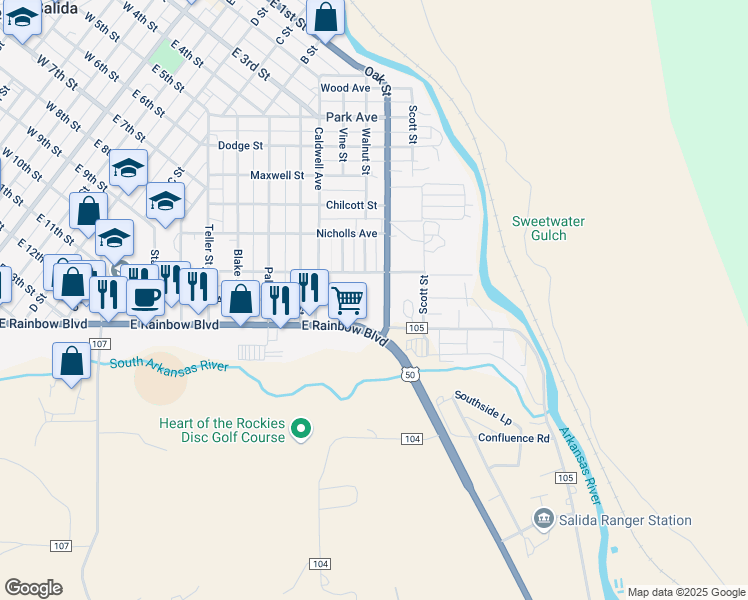 map of restaurants, bars, coffee shops, grocery stores, and more near 1540 East Rainbow Boulevard in Salida