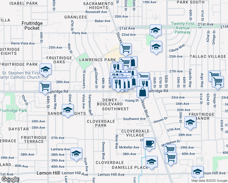 map of restaurants, bars, coffee shops, grocery stores, and more near 5140 Fruitridge Rd in Sacramento
