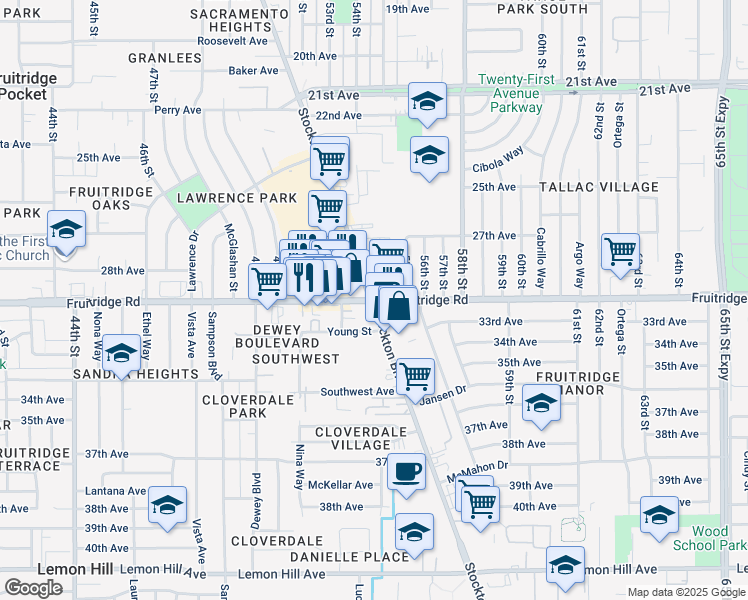 map of restaurants, bars, coffee shops, grocery stores, and more near Fruitridge Road & Stockton Boulevard in Sacramento
