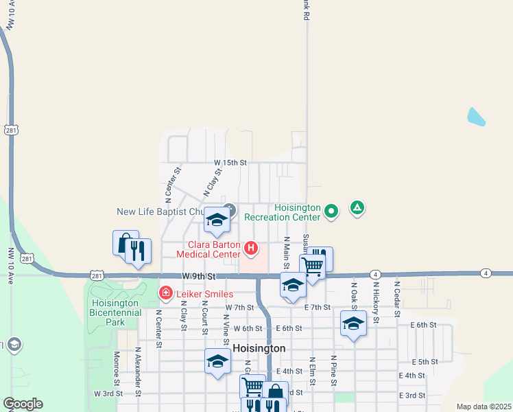 map of restaurants, bars, coffee shops, grocery stores, and more near 1211 North Green Street in Hoisington