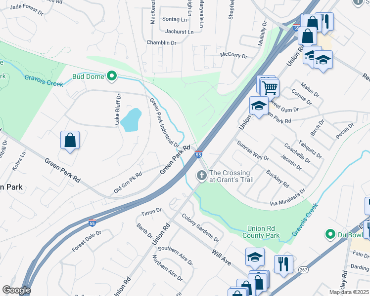 map of restaurants, bars, coffee shops, grocery stores, and more near 4497 Green Park Road in St. Louis