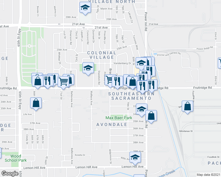 map of restaurants, bars, coffee shops, grocery stores, and more near Fruitridge Rd & Bradford Dr in Sacramento