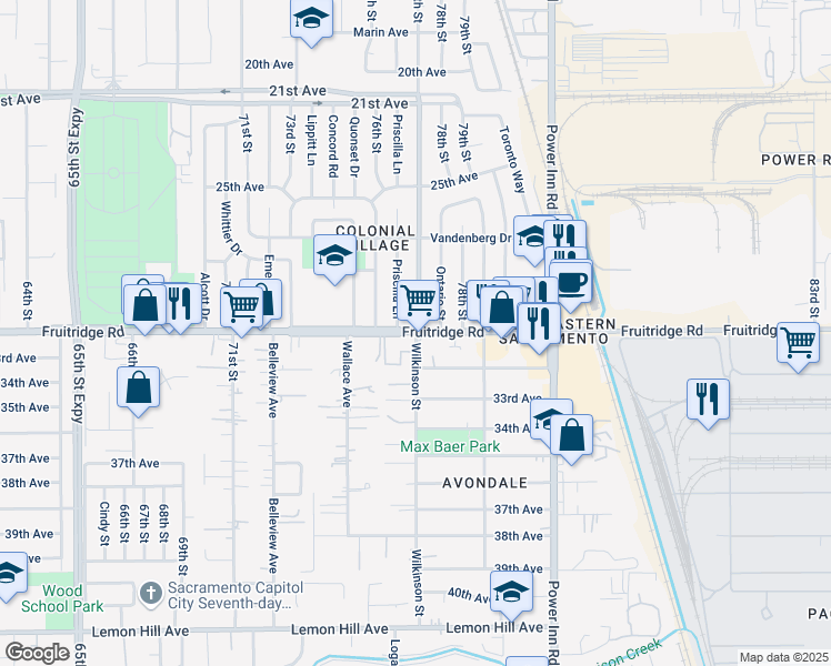 map of restaurants, bars, coffee shops, grocery stores, and more near Fruitridge Rd & Wilkinson St in Sacramento
