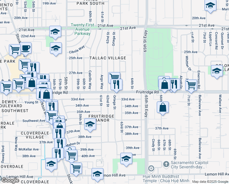 map of restaurants, bars, coffee shops, grocery stores, and more near Fruitridge Road & Ortega Street in Sacramento