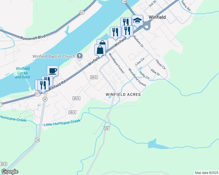 map of restaurants, bars, coffee shops, grocery stores, and more near 826-860 Rocky Step Road in Winfield