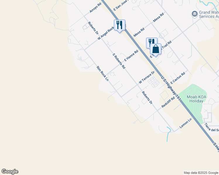 map of restaurants, bars, coffee shops, grocery stores, and more near 3160 South Rimrock Road in Moab