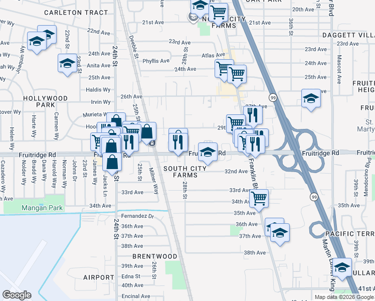 map of restaurants, bars, coffee shops, grocery stores, and more near 2790 Fruitridge Road in Sacramento