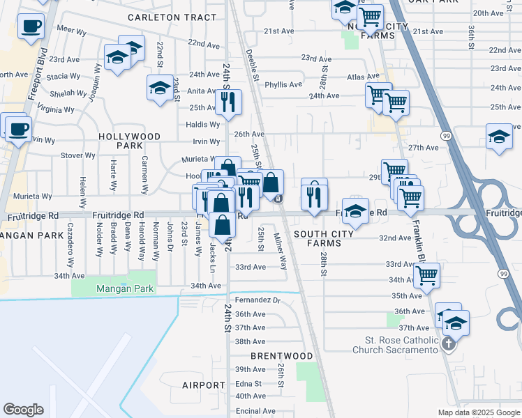 map of restaurants, bars, coffee shops, grocery stores, and more near 2501 Fruitridge Road in Sacramento