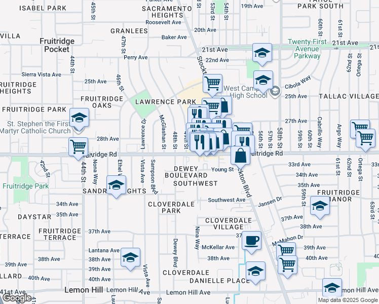 map of restaurants, bars, coffee shops, grocery stores, and more near 5140 Fruitridge Road in Sacramento