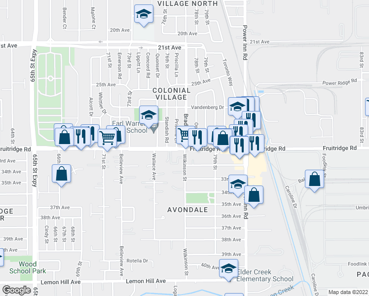 map of restaurants, bars, coffee shops, grocery stores, and more near Fruitridge Rd & Wilkinson St in Sacramento