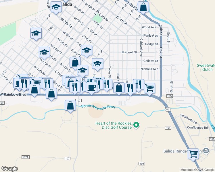 map of restaurants, bars, coffee shops, grocery stores, and more near 840 East Rainbow Boulevard in Salida