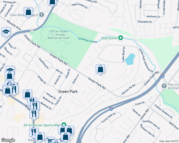 map of restaurants, bars, coffee shops, grocery stores, and more near 9787 Green Park Industrial Drive in St. Louis