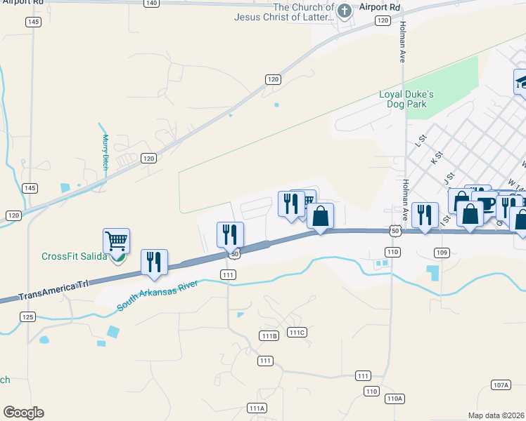 map of restaurants, bars, coffee shops, grocery stores, and more near 105 Starbuck Circle in Salida