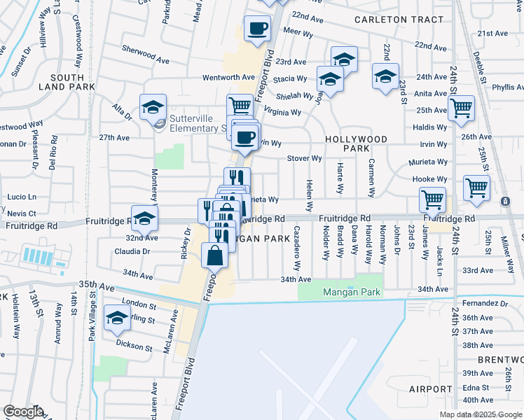 map of restaurants, bars, coffee shops, grocery stores, and more near 5520 Carmela Way in Sacramento
