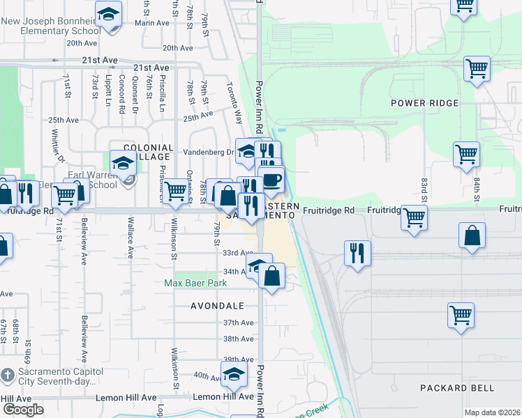 map of restaurants, bars, coffee shops, grocery stores, and more near 5665 Power Inn Road in Sacramento