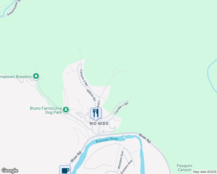 map of restaurants, bars, coffee shops, grocery stores, and more near 15008 Canyon 2 Road in Guerneville