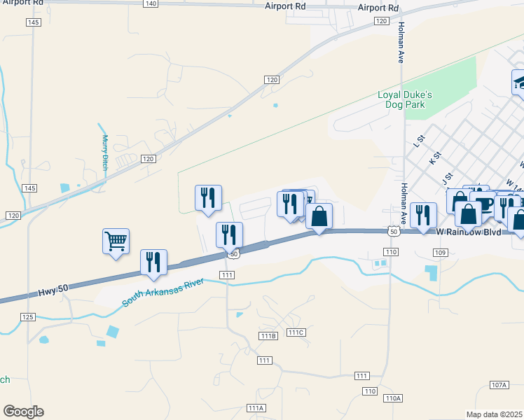 map of restaurants, bars, coffee shops, grocery stores, and more near 105 Starbuck Circle in Salida